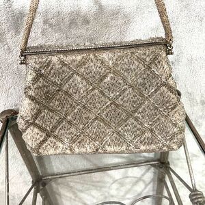 Vintage 1940s Hand-Beaded Evening Formal Bag Purse France ? silver color